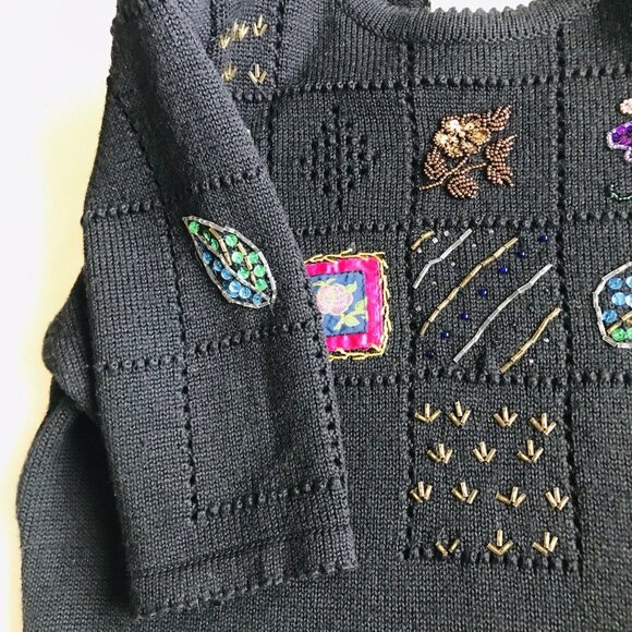 Susan Bristol Vintage Hand Embroidered Bead Wool Top Womens Size Small Black - Picture 4 of 9